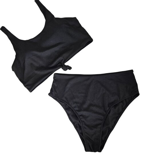 Zaful Womens Black Ribbed High Waist Bikini Set Size XL Knot Front Beach Pool - Picture 1 of 9